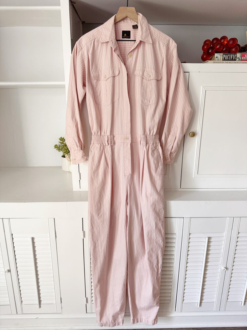 Vintage 80s Liz Sport 100% Cotton Light Pink Striped Coverall Jumpsuit Size M